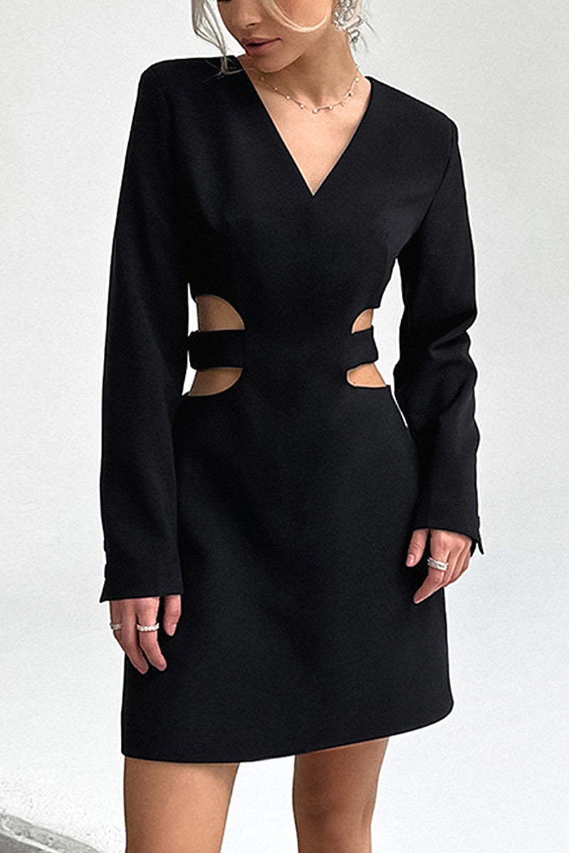 Chic V-Neck Hollow Long Sleeve Dress