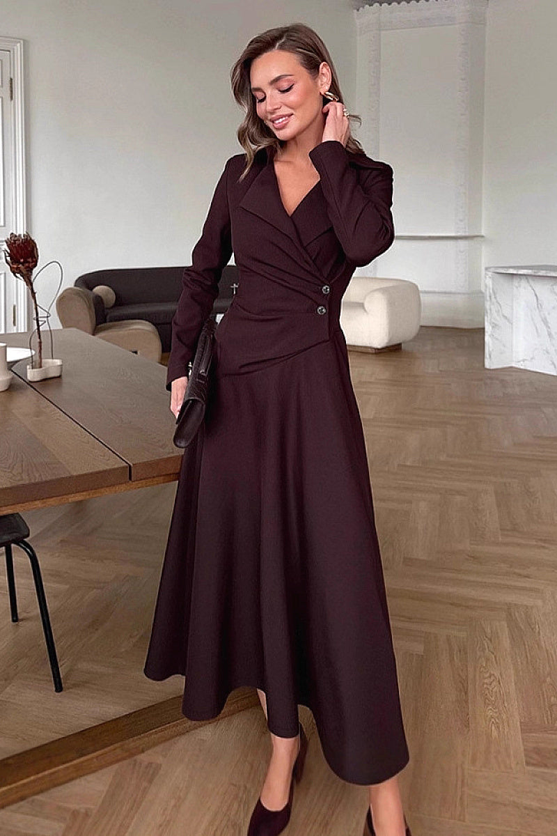 Elegant Brown V-Neck Long Sleeve Dress for Women
