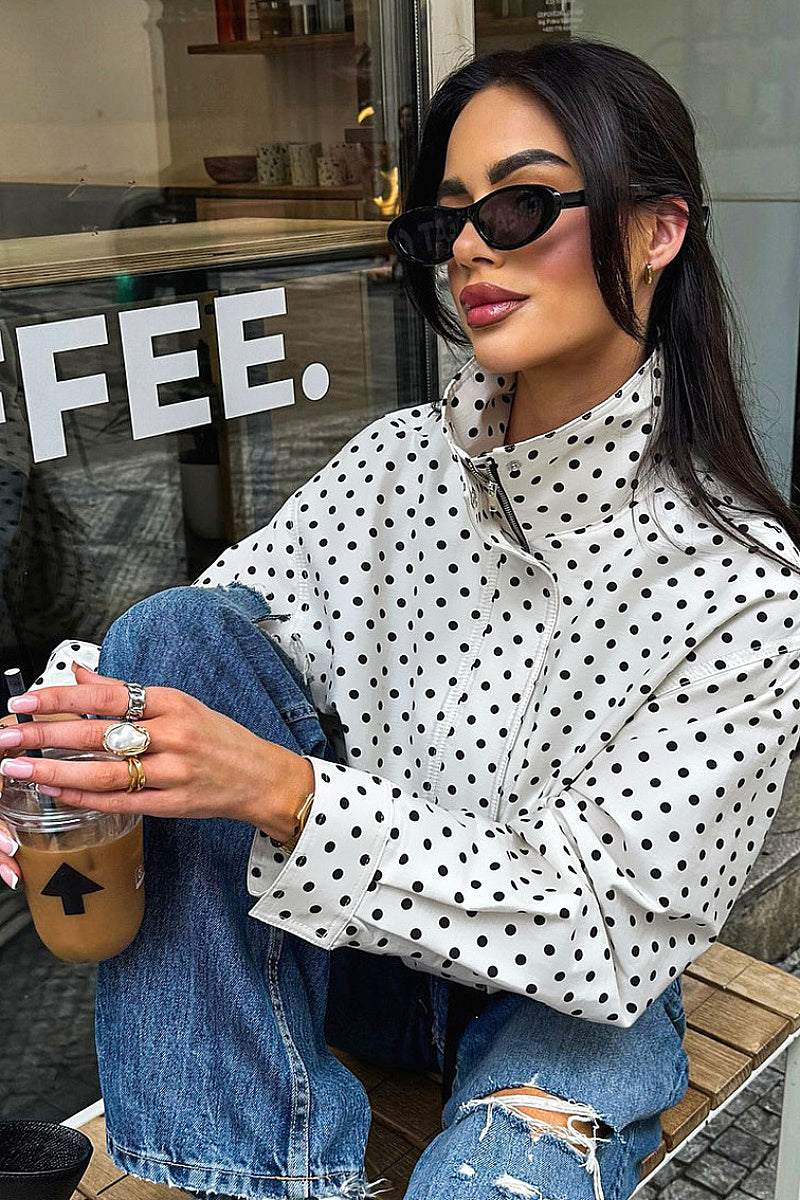 Chic White Polka Dot Stand Collar Jacket for Women