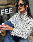 Chic White Polka Dot Stand Collar Jacket for Women