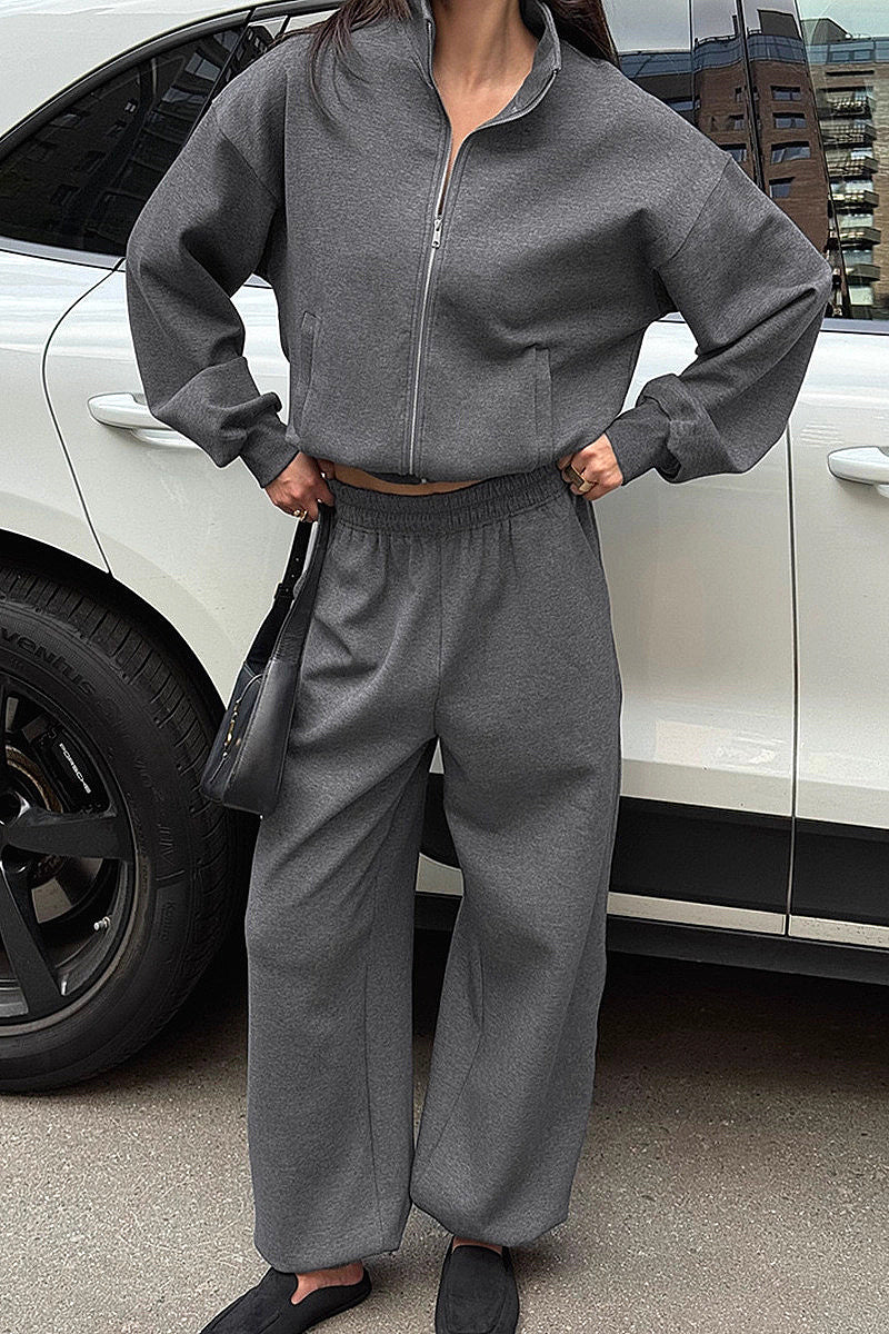 Fashion Casual Gray Hoodie Set for Women