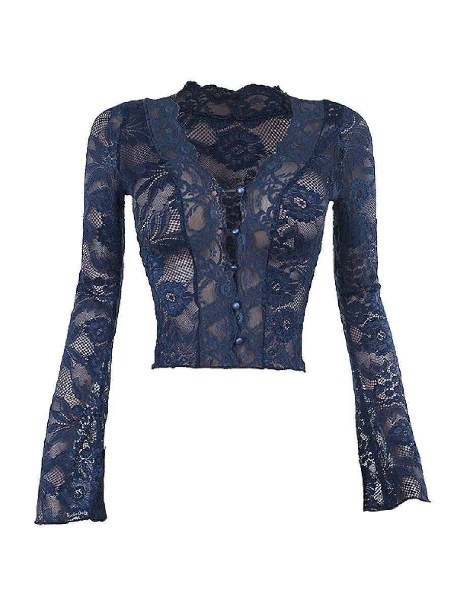 Chic Women's V-Neck Lace Long Sleeve Top