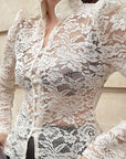 Fashionable Sexy Stand Collar Lace Puff Sleeve Shirt