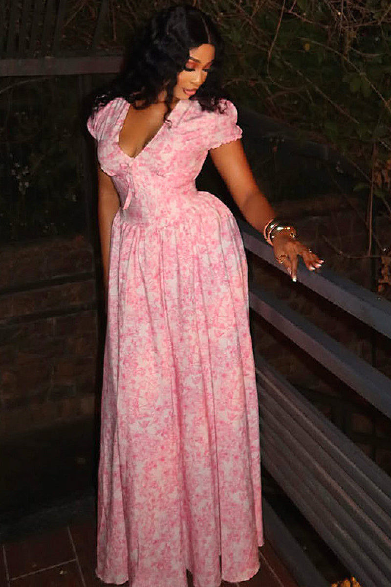 Elegant A-Line Dress with V-Neck and Puff Sleeves