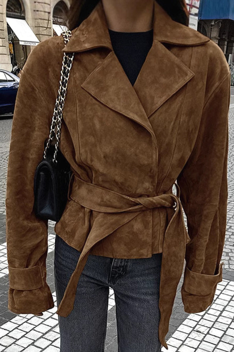 Suede Waist Tie Coat for Women