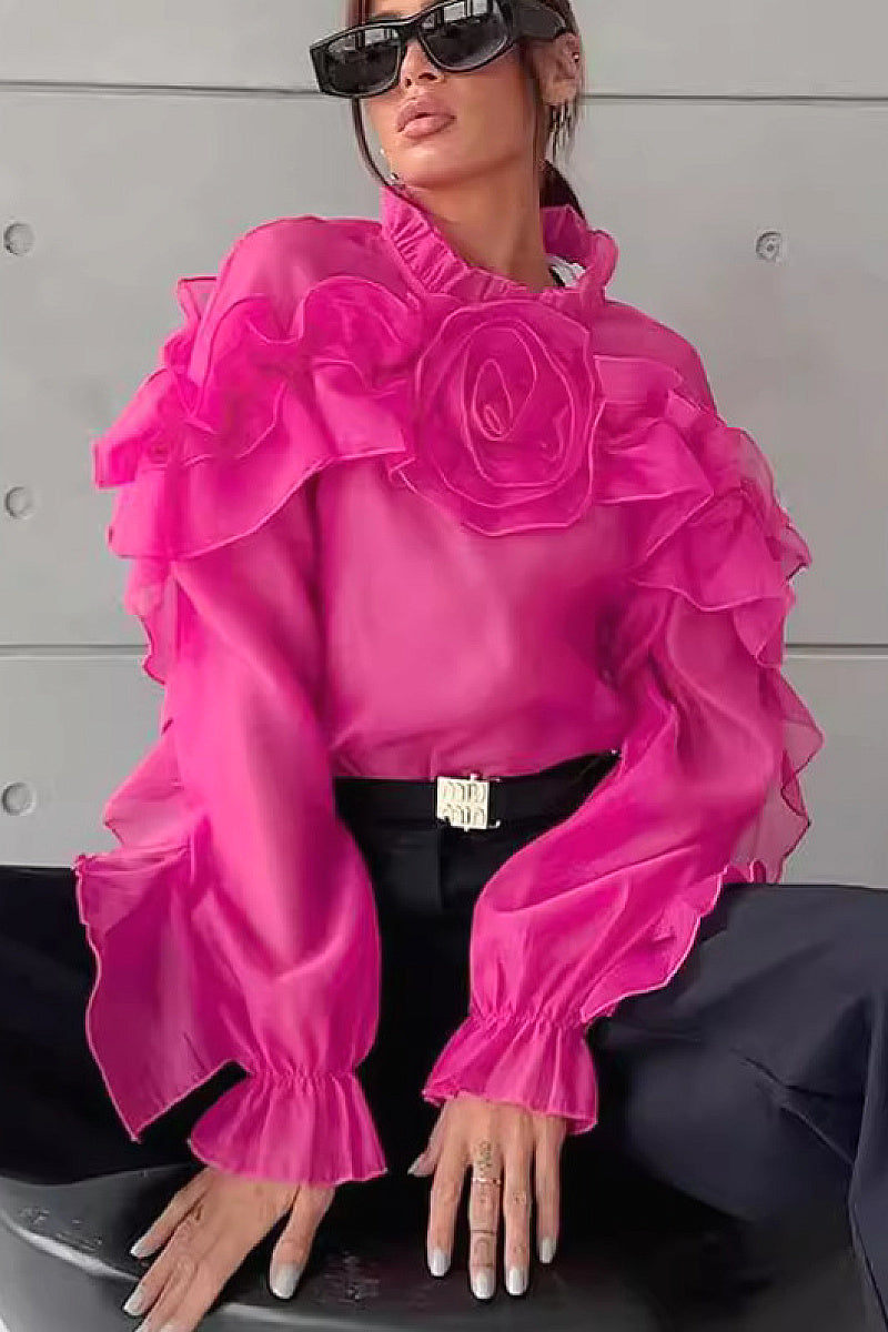 French Style Summer Sheer Collar Blouse with Ruffles