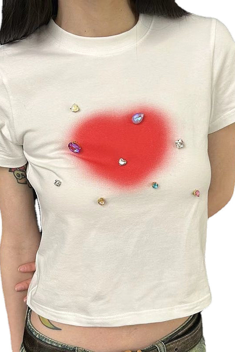 Y2K Heart Shaped Rhinestone Short Sleeve Top