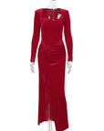 Elegant Long Sleeve Velvet Dress with Slit