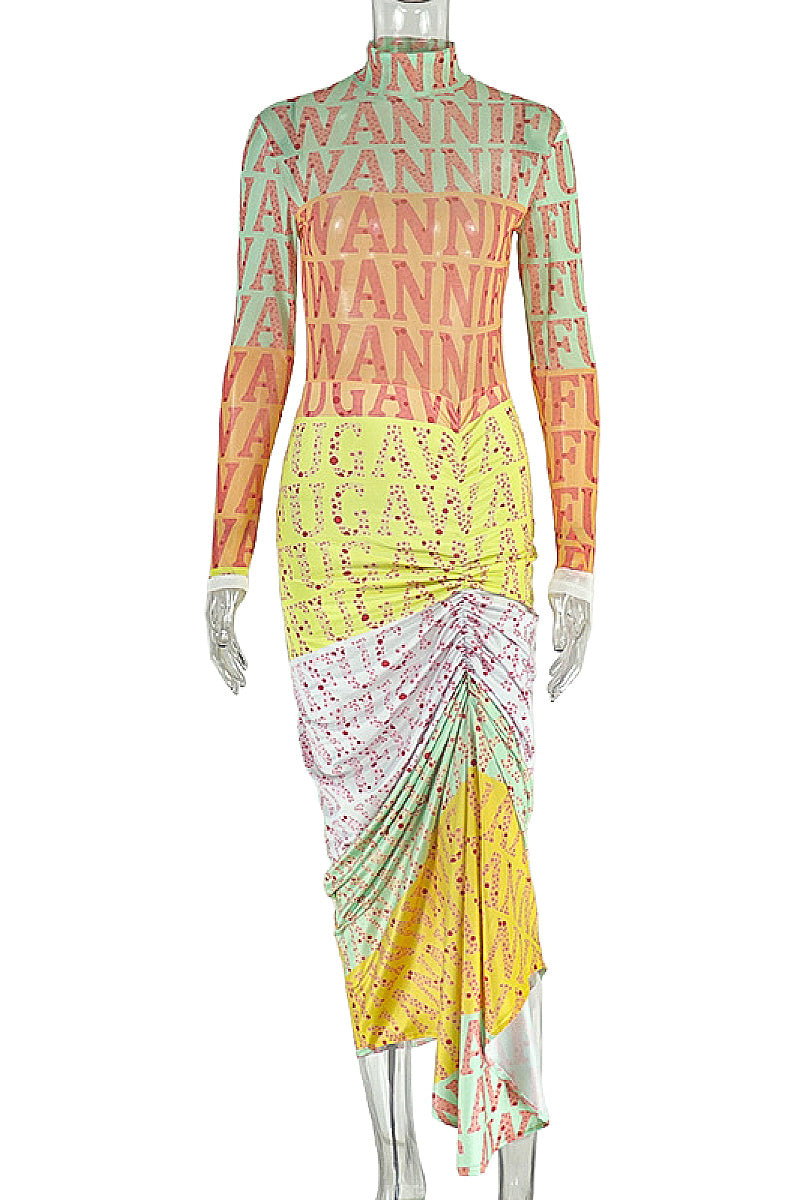 Elegant Printed Long Sleeve Bodycon Dress