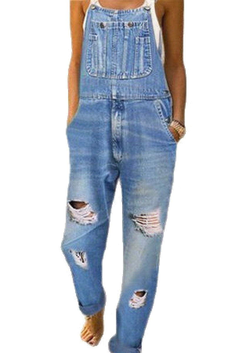 Trendy Women's Denim Overalls with Distressed Wash