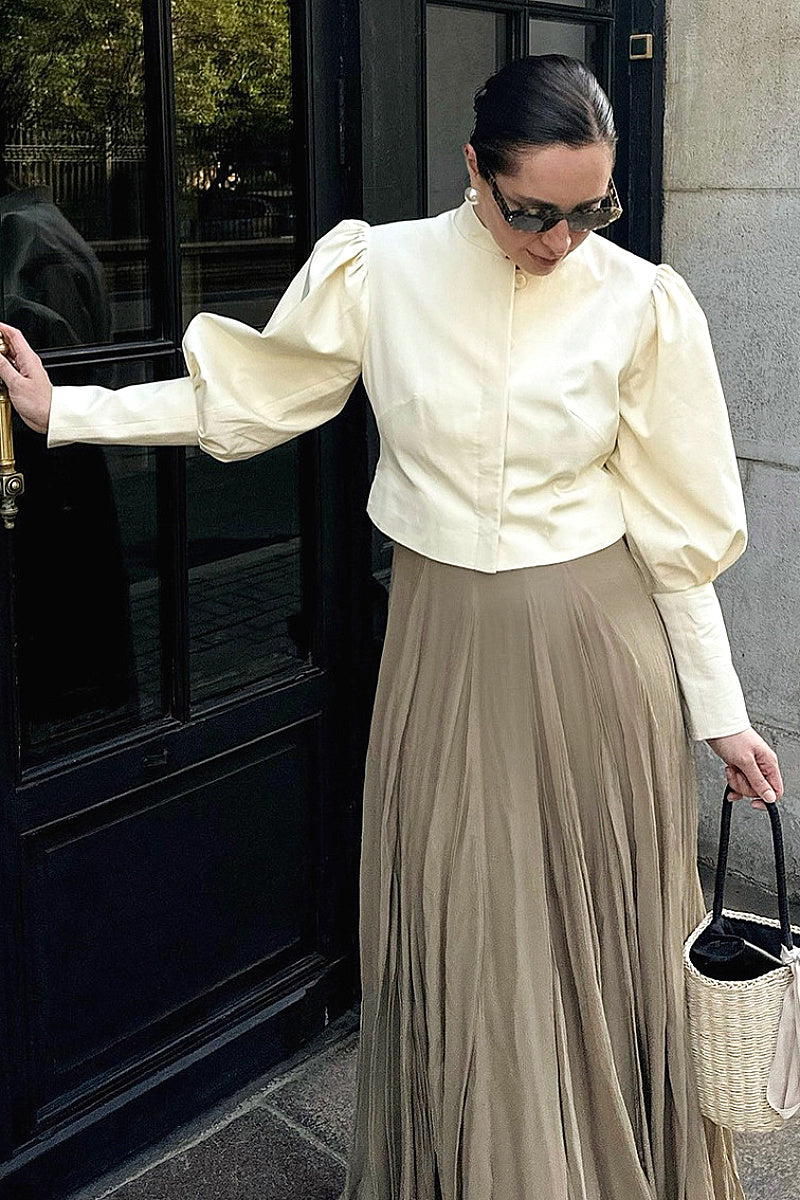 Chic Puff Sleeve Stand Collar Shirt for Autumn