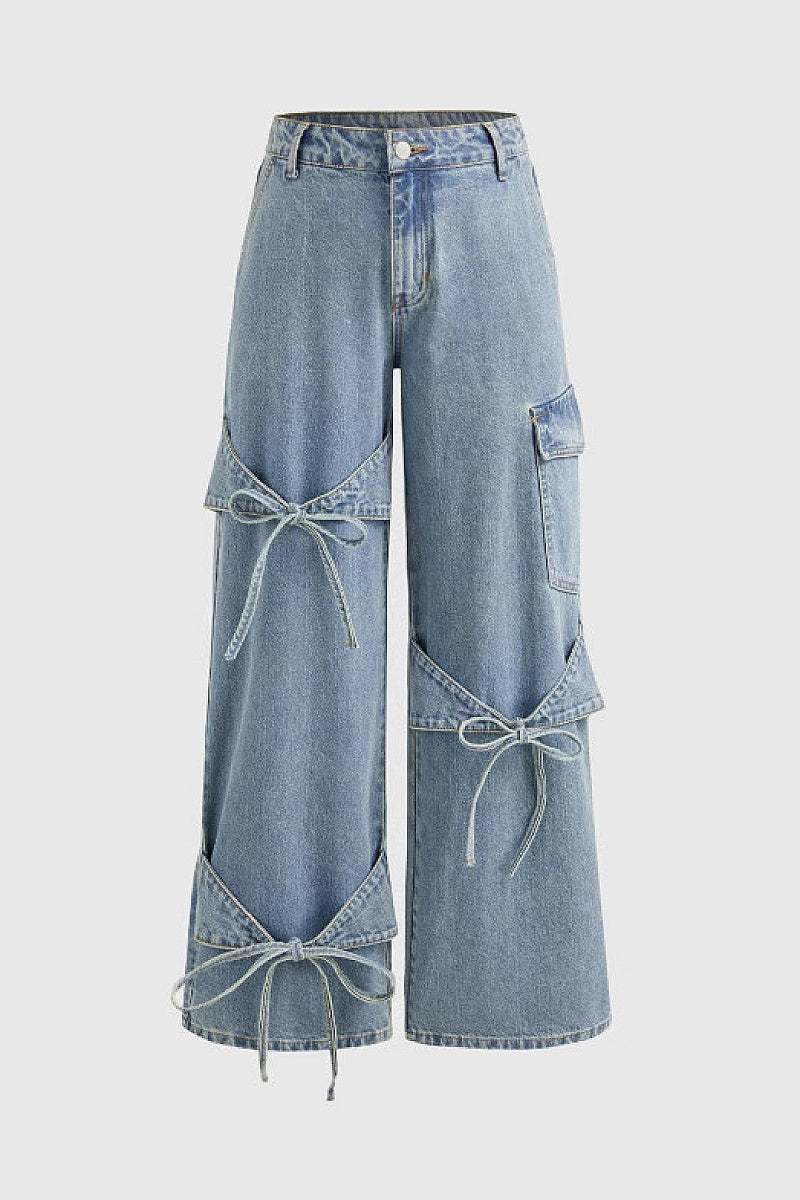 Y2K Style Bow Tie Denim Straight Leg Pants