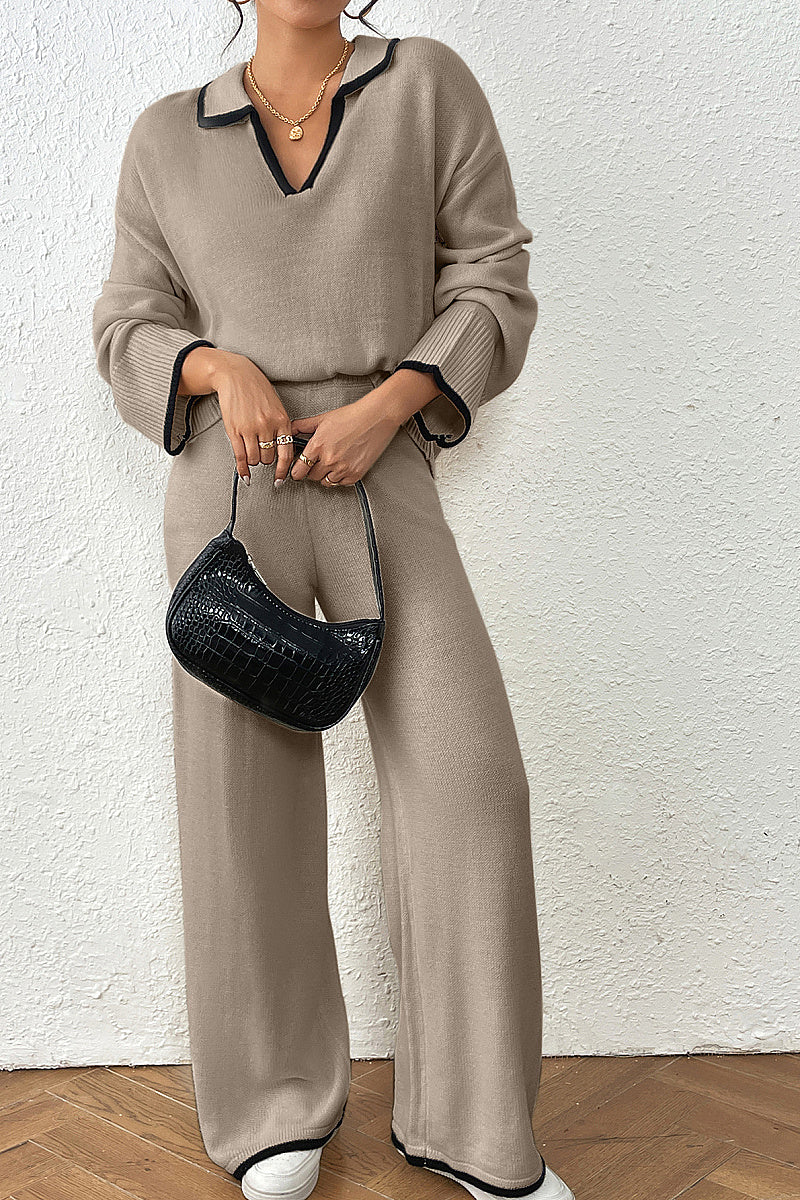 Trendy Color Block Polo Neck Sweater and Pants Set