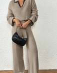 Trendy Color Block Polo Neck Sweater and Pants Set