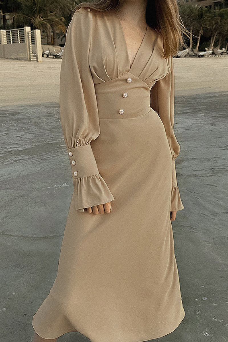 French Lantern Sleeve V-Neck Dress for Women