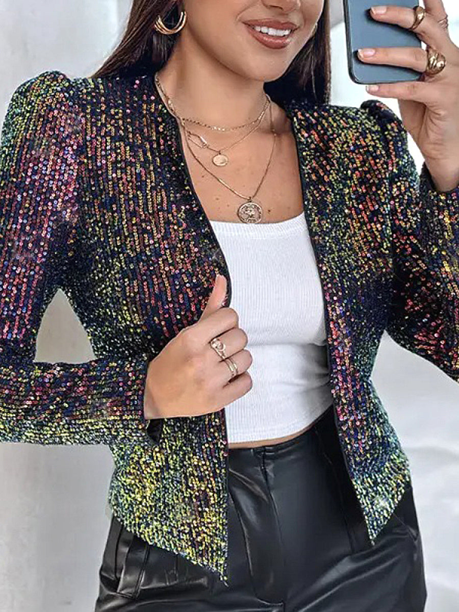 Women's Leopard Print Sequin Long Sleeve Blazer