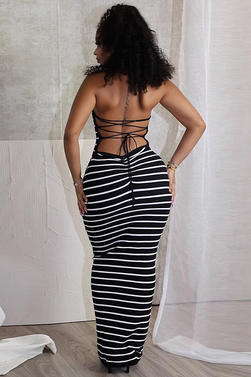 Summer Women's Backless Striped Dress