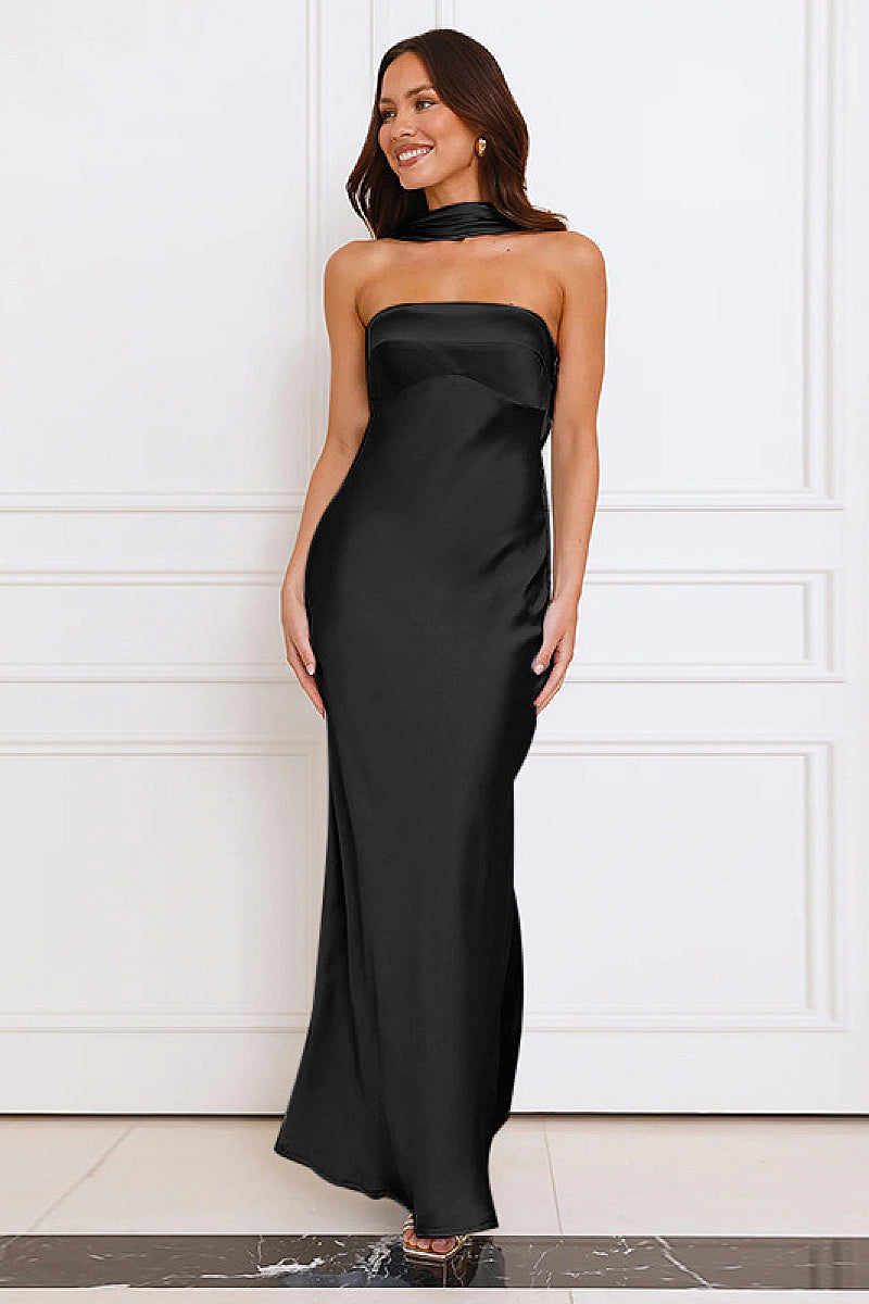 Elegant Strapless Satin Dress with Two-Way Design