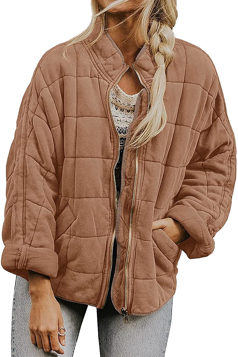 Solid Color Stand Collar Cotton Jacket for Women