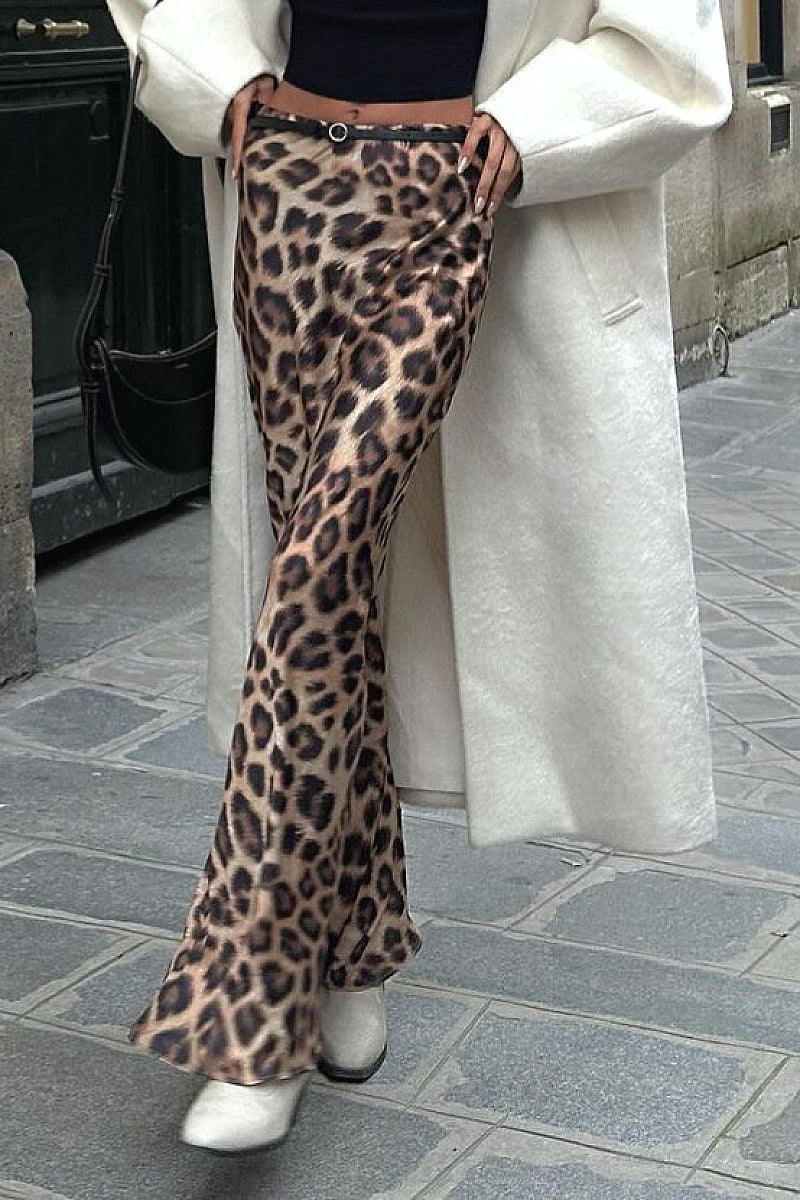 Elegant Satin Leopard Print Midi Skirt