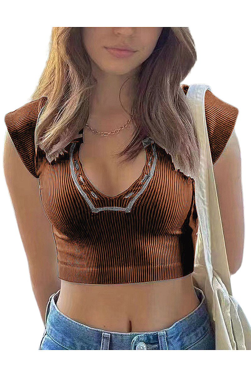 Women's V-Neck Short Sleeve Crop Top
