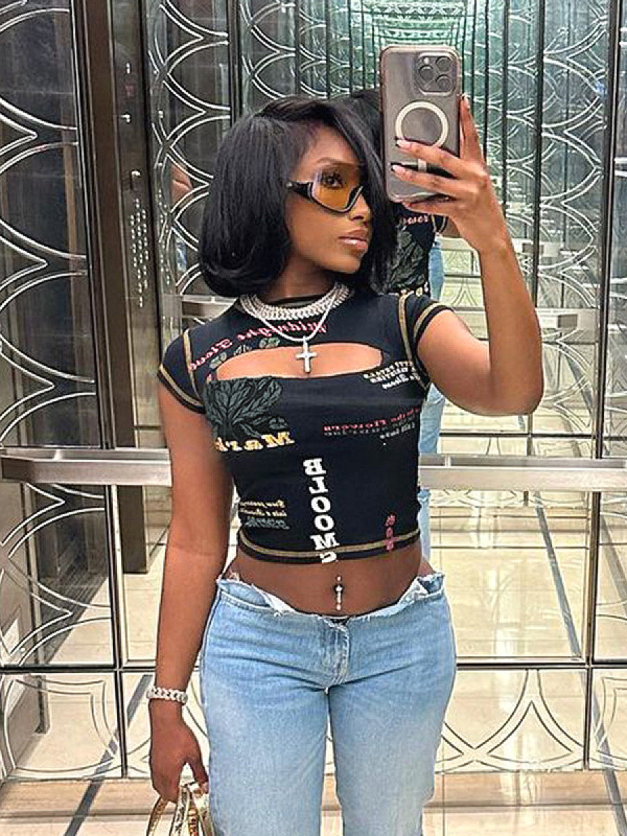 Sexy Hollow Out Letter Print T-Shirt for Women