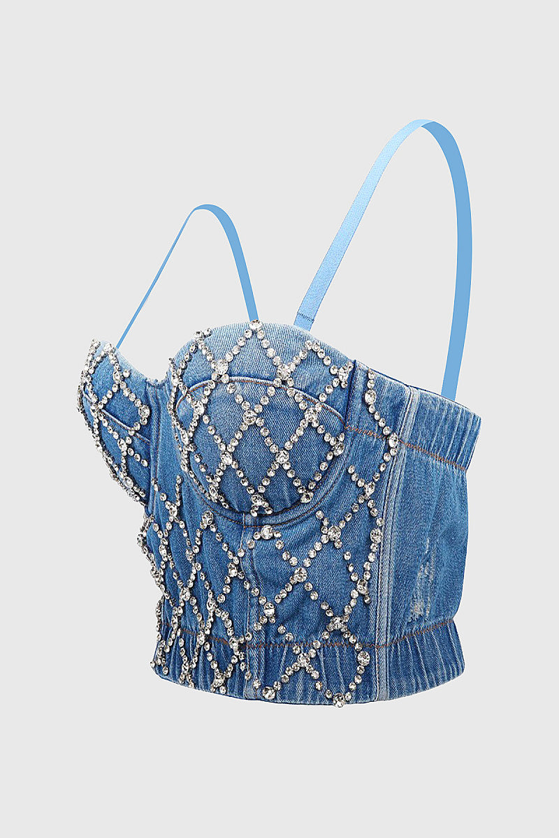 Luqiu Country Denim Beaded Strap Top