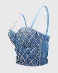 Luqiu Country Denim Beaded Strap Top