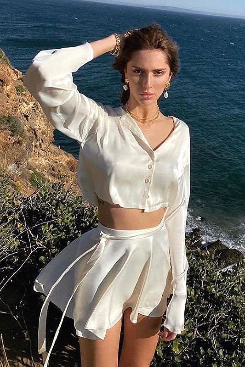 Elegant Satin Long Sleeve Button Cardigan Set