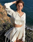 Elegant Satin Long Sleeve Button Cardigan Set