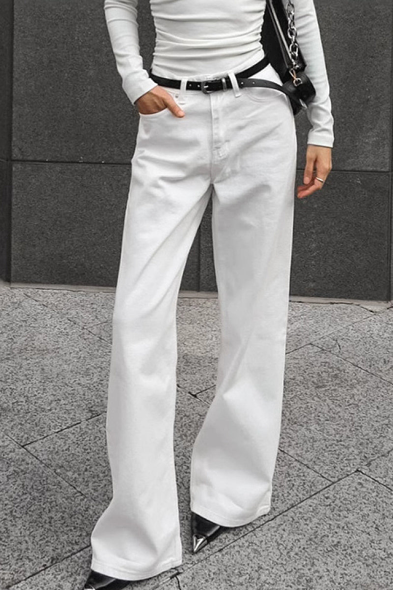 High Waist White Straight Leg Jeans for Women