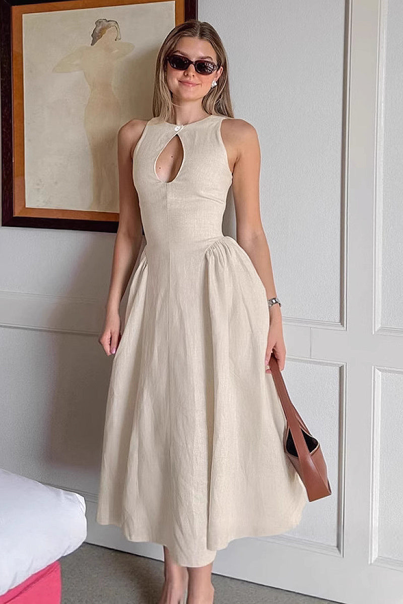 Summer Casual Khaki Cotton Linen Dress for Women