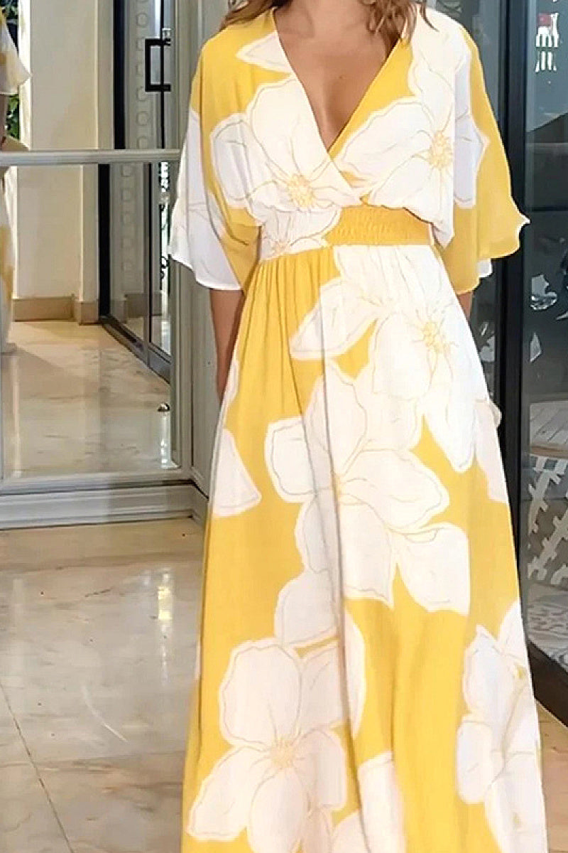 Floral Print V-Neck A-Line Maxi Dress