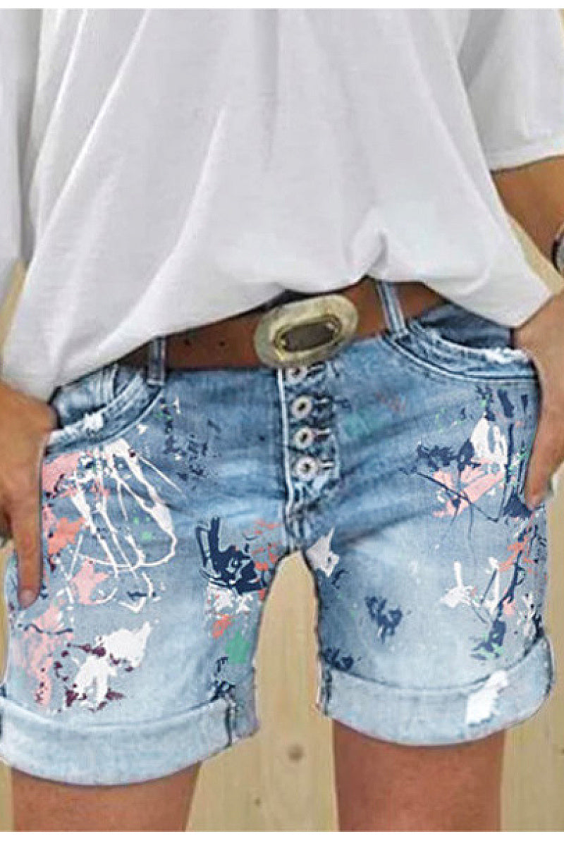 High-Waisted Elastic Printed Denim Shorts