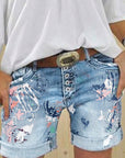 High-Waisted Elastic Printed Denim Shorts