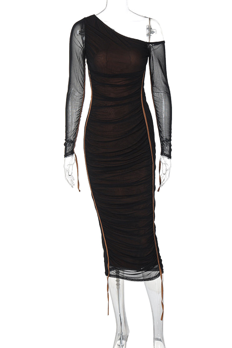 Spring New Women's Long Sleeve Mesh Shoulder Dress