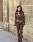 Elegant Deep V-Neck Lace Back Top and Pants Set