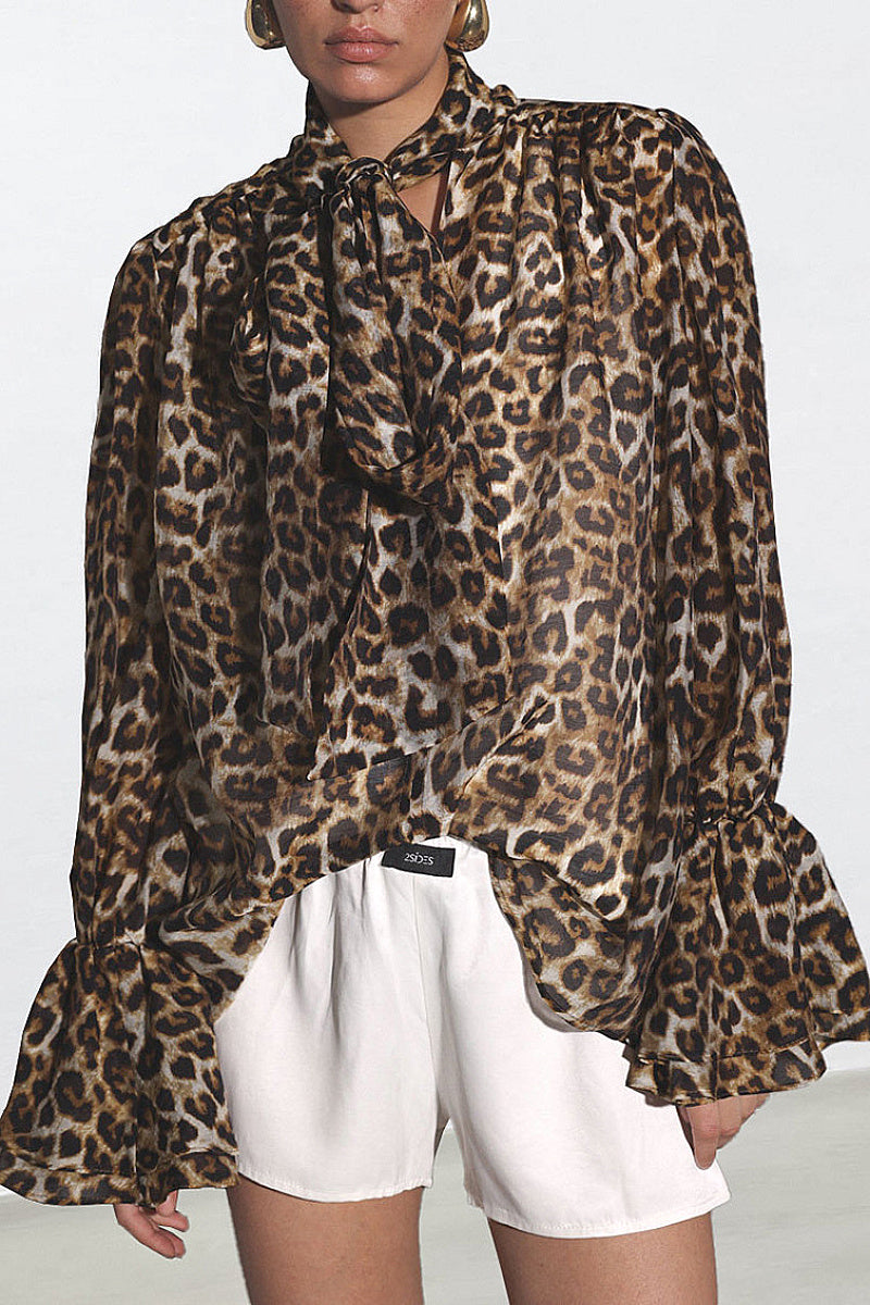 Chic Ruffled Leopard Print Chiffon Blouse