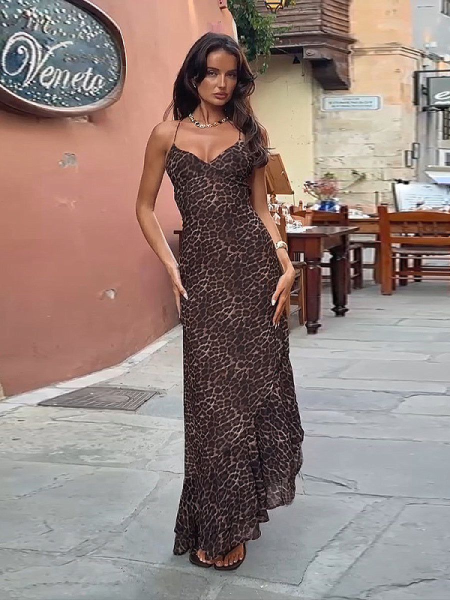Summer Sexy Backless Leopard Print Ruffle Dress