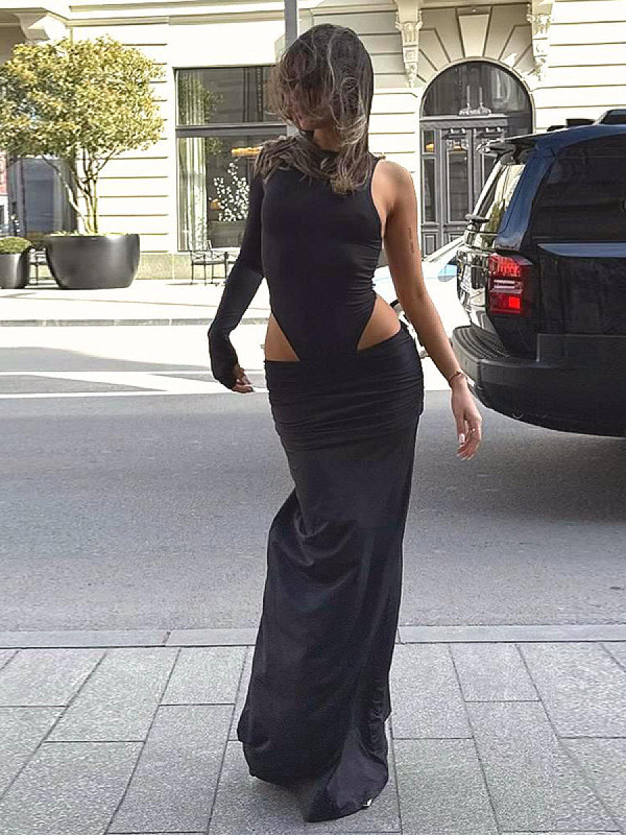 Chic Street Style Long Sleeve Split Skirt Set