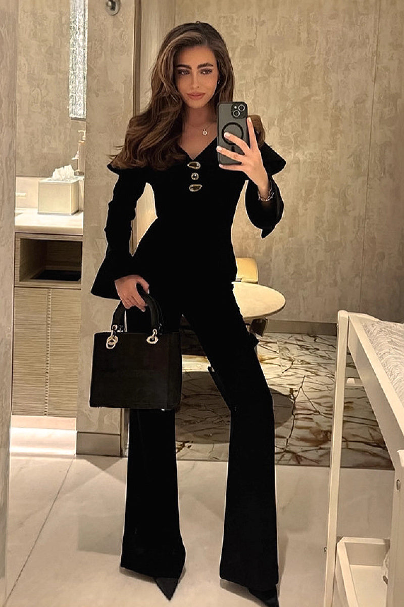 Chic Black V-Neck Two-Piece Set for Women