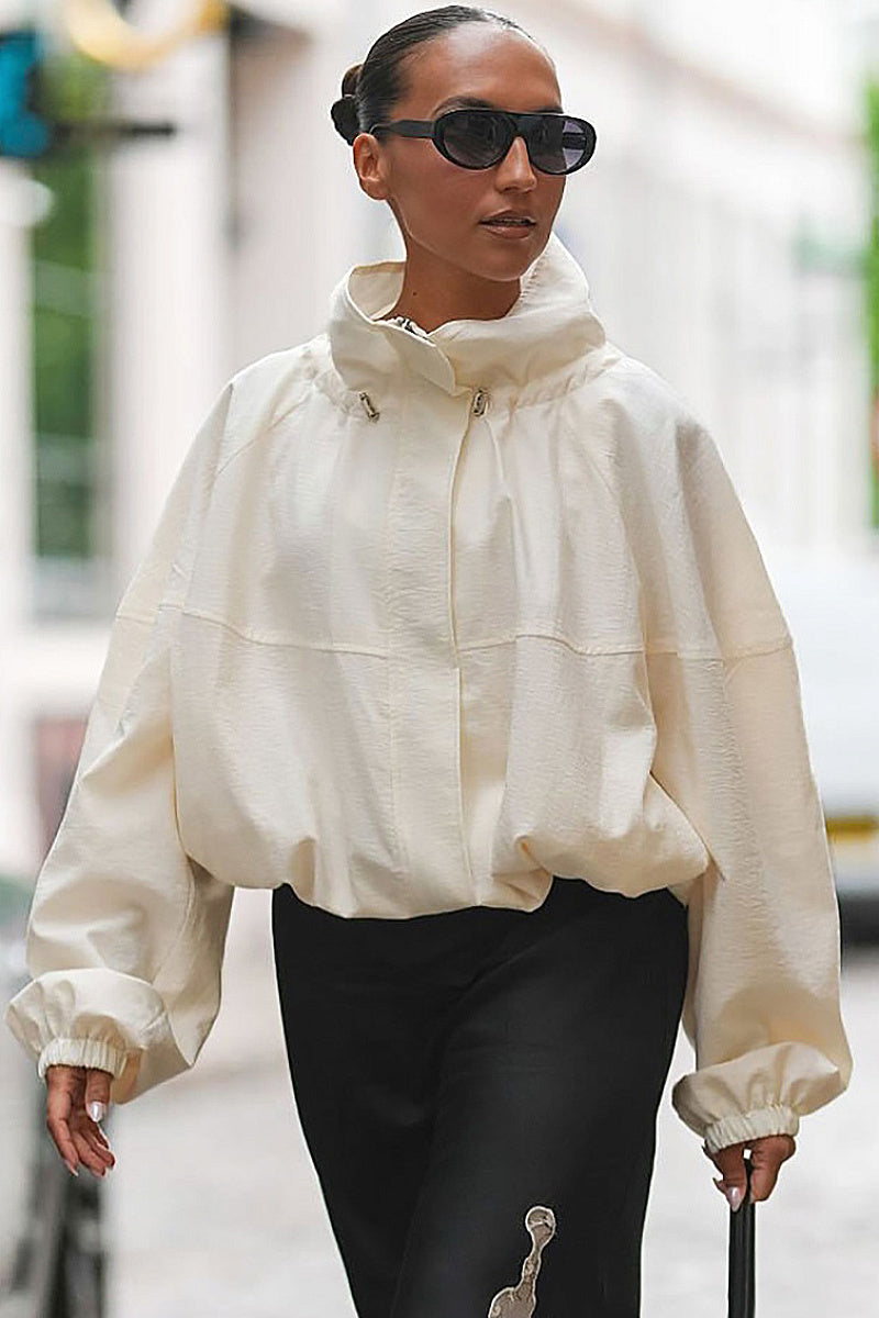 Vintage Beige Jacket for Women with Stand Collar