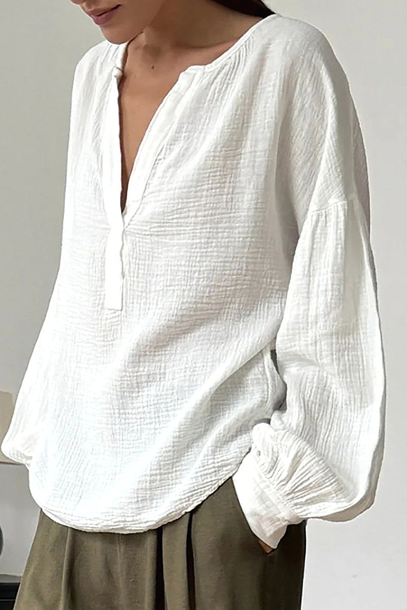 Minimalist Cotton Lantern Sleeve Casual Shirt
