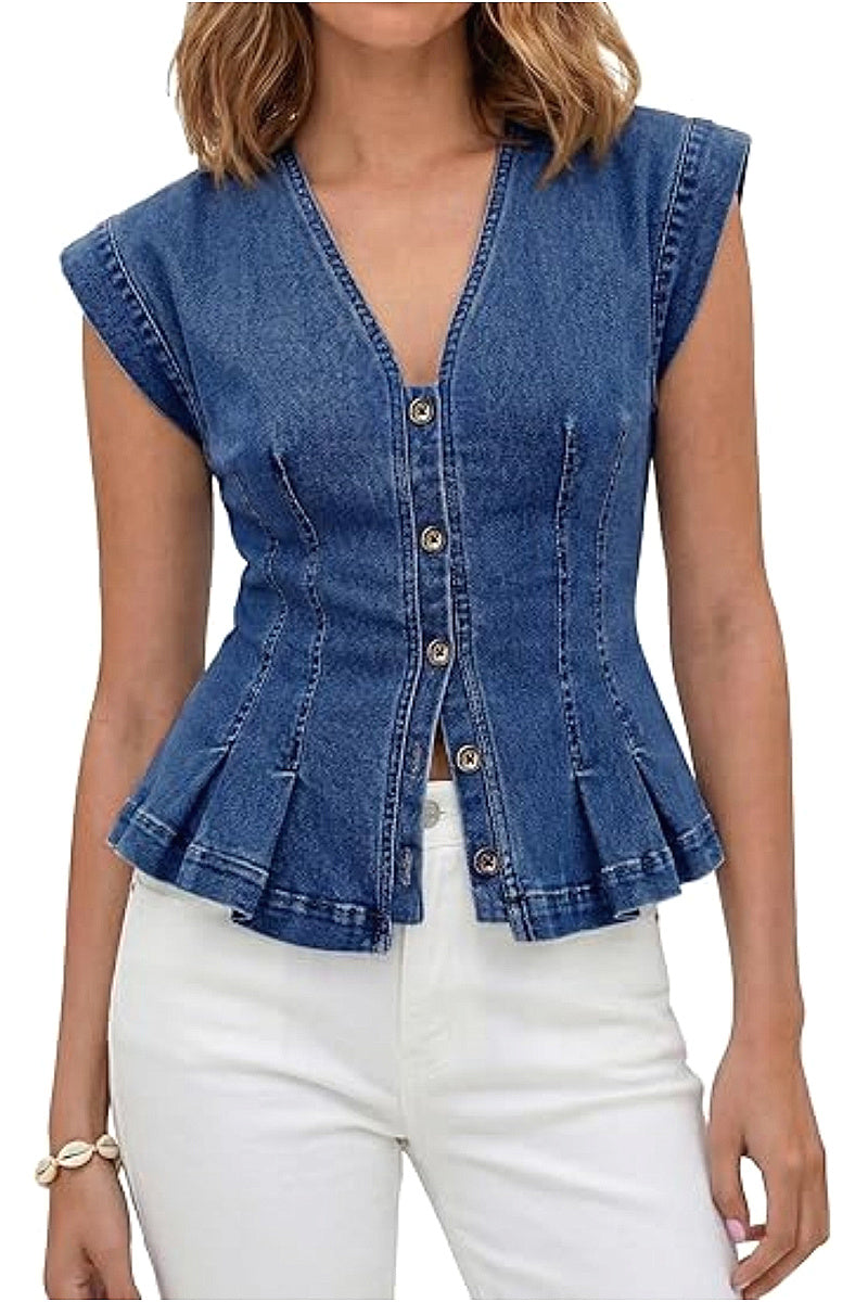 Women's V-Neck Denim Vest Top for Casual Wear