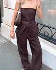 Chic Brown Strapless Top and Wide Leg Pants Set