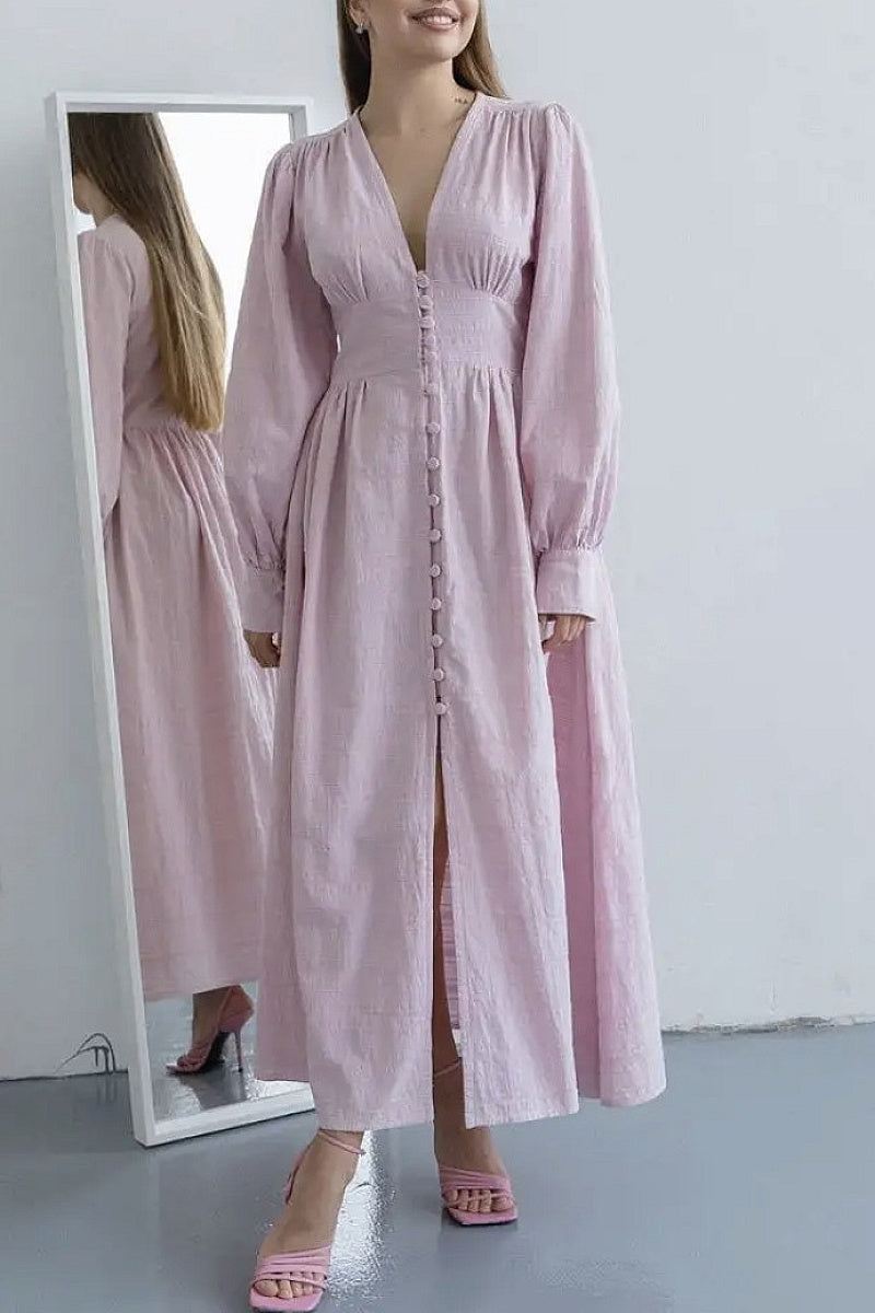Elegant V-Neck Lantern Sleeve Dress