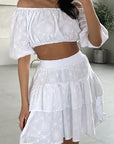 Fashionable White Hollow Out Collar Shirt and Skirt Set