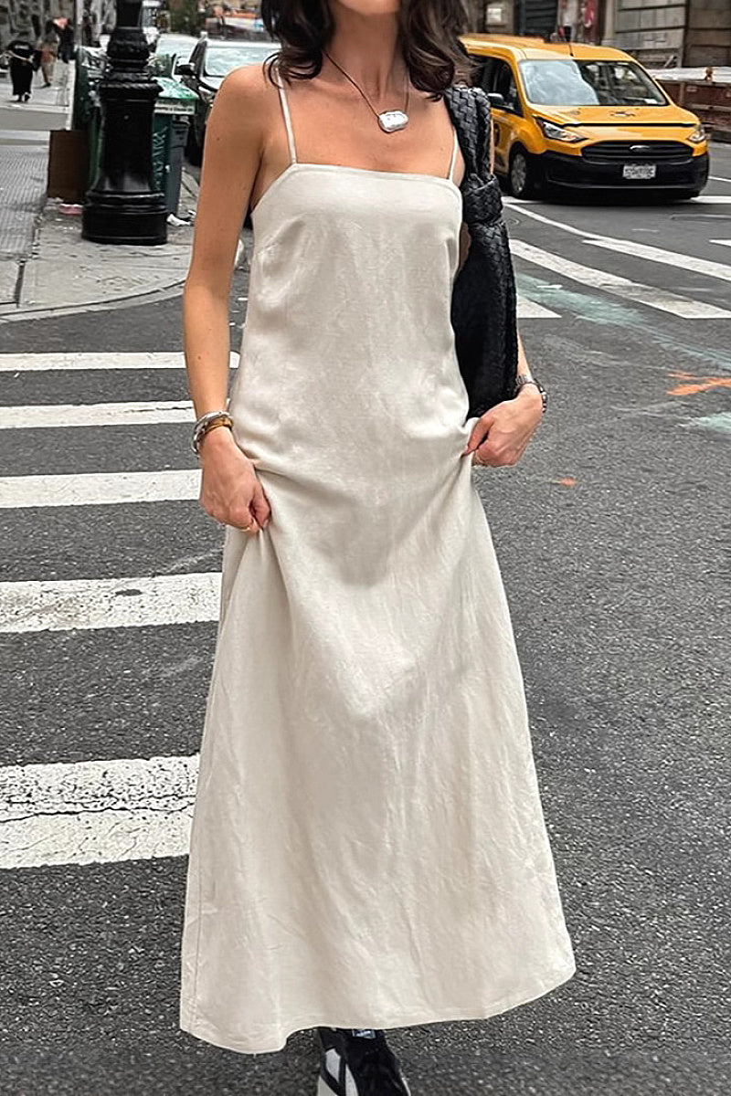 Chic Khaki Cotton Linen A-Line Dress
