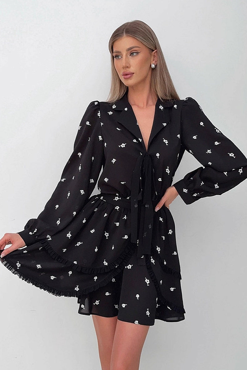 French Ruffle Floral Chiffon Dress for Women