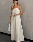 Summer Casual Khaki Cotton Linen Strapless Dress